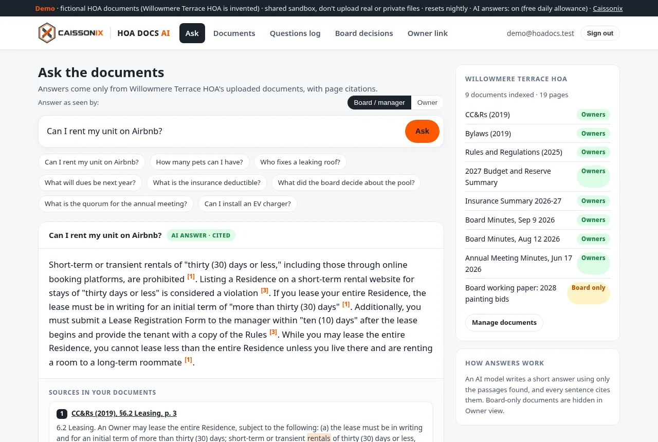 HOA Docs AI answering whether an owner can rent on Airbnb, citing CC&Rs section 6.2 on page 3