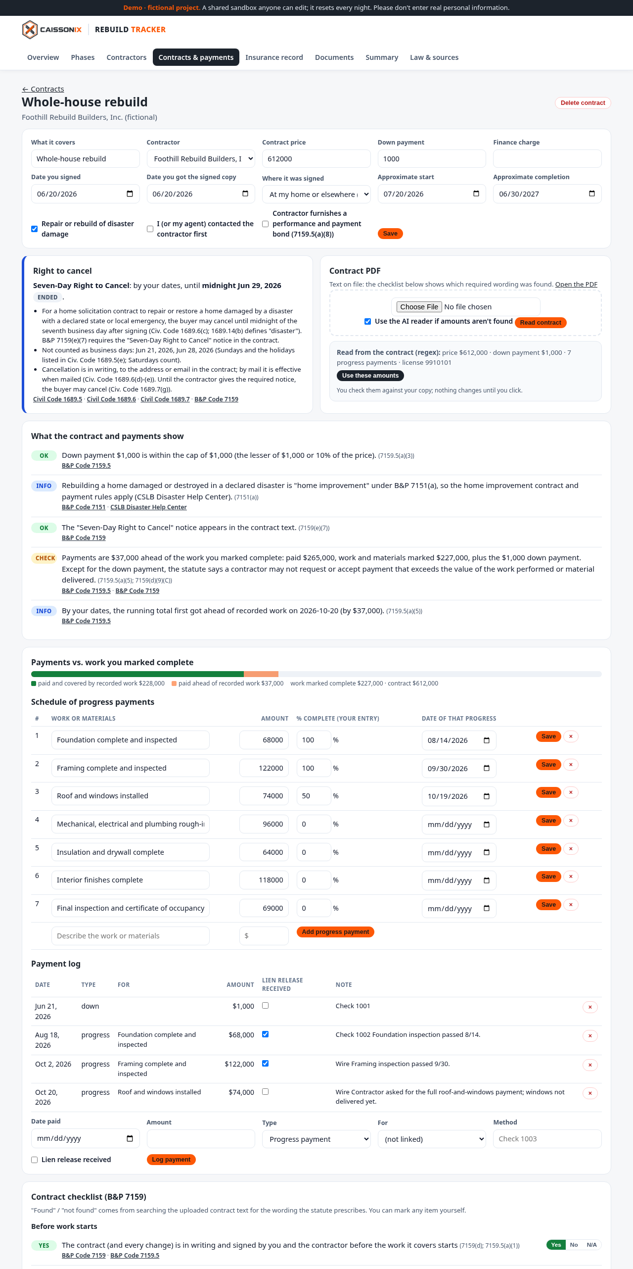 Payments ahead of work example