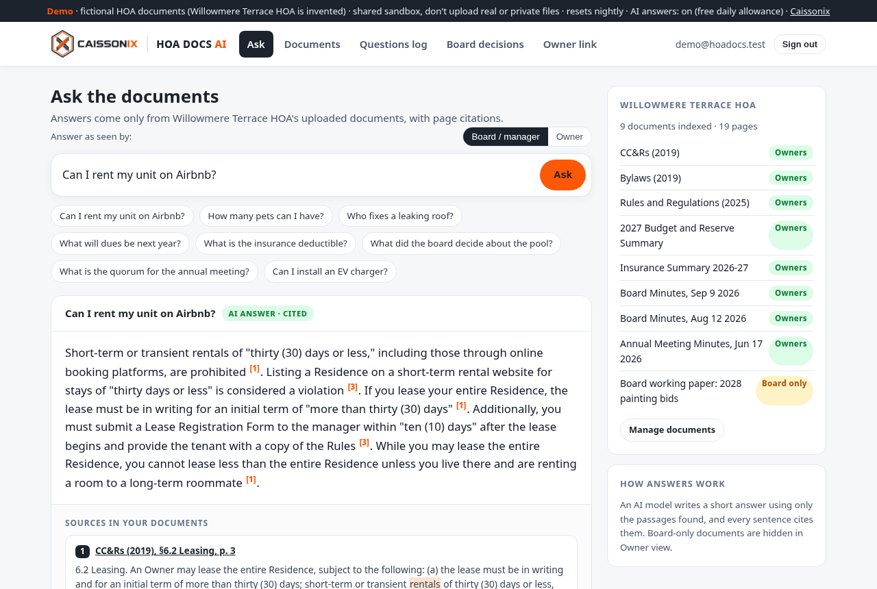 HOA Docs AI answering whether an owner can rent on Airbnb, citing CC&Rs section 6.2 on page 3